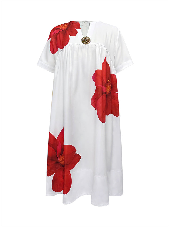A-Line Loose Flower Print Pleated V-Neck Midi Dresses for Women - gallery
