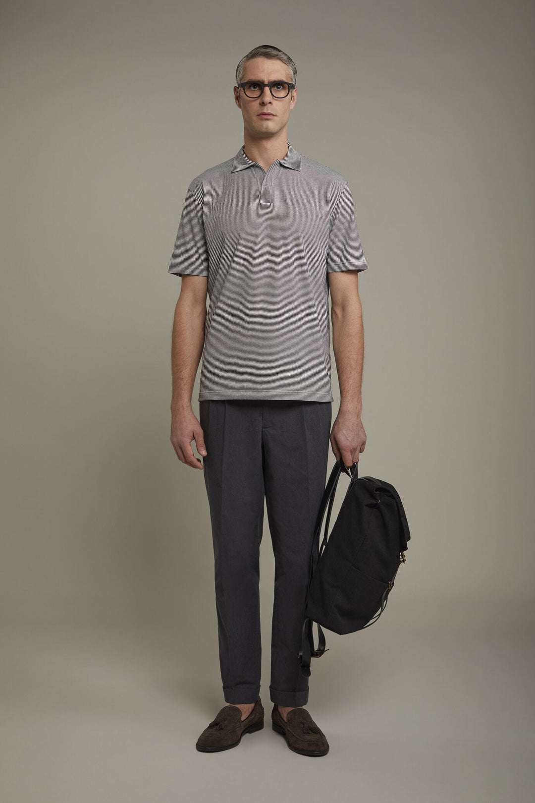 Thin Stripe Derby Collar Polo Shirt for Men — OFF WHITE/DK BLUE