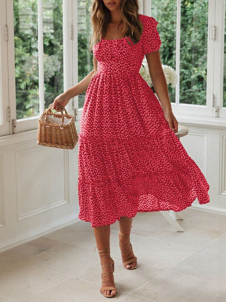 Printed Square Neck Short Sleeve Midi Dress for Women - Deep Red