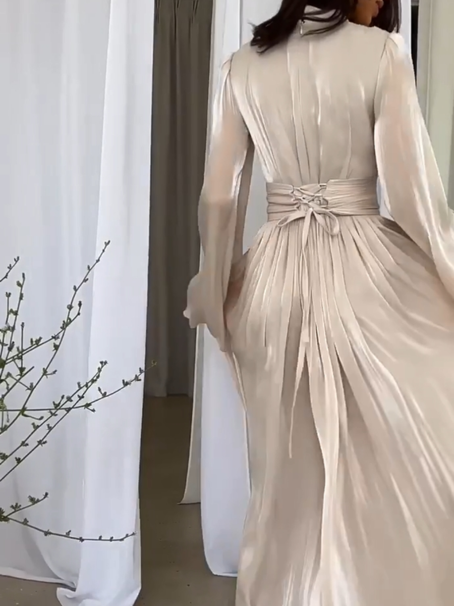 Long Maxi Dress with Pleated Waist and Raised Collar
