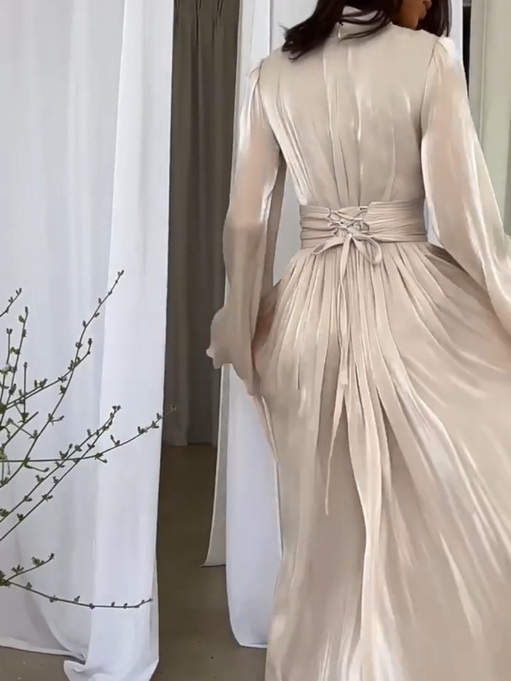 Long Maxi Dress with Pleated Waist and Raised Collar