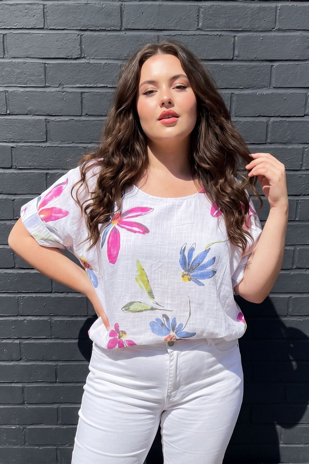 Floral Print Oversized Tunic Cotton Top for Women - White