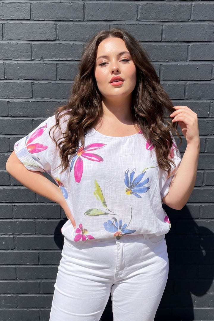 Floral Print Oversized Tunic Cotton Top for Women - White