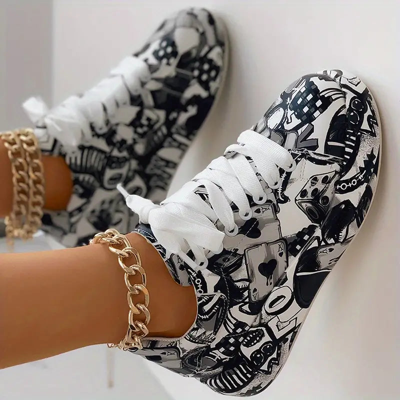 Graffiti-Print Layered Platform Trainers for Women