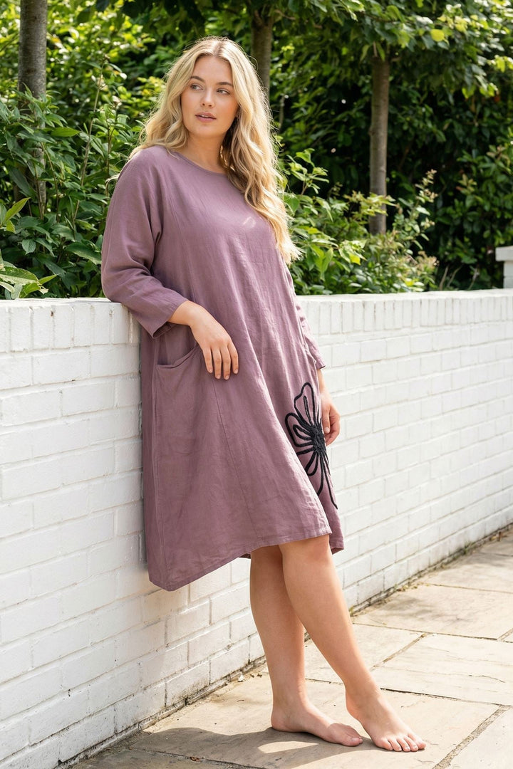 Floral Embroidered Pattern Front Two Pockets Cotton Dress — Dusty Pink