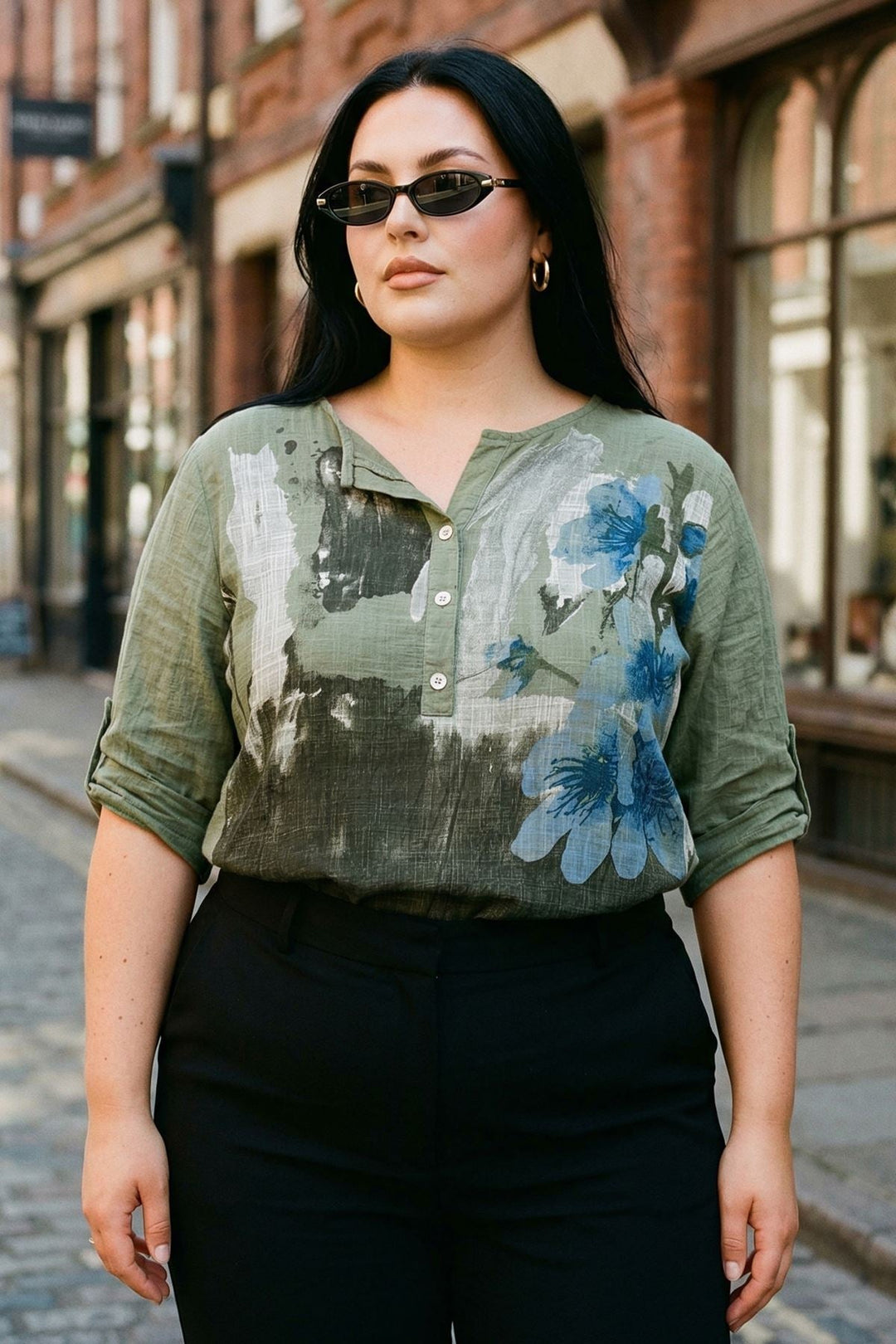 Abstract Floral Button Detail Tunic Cotton Top — Khaki