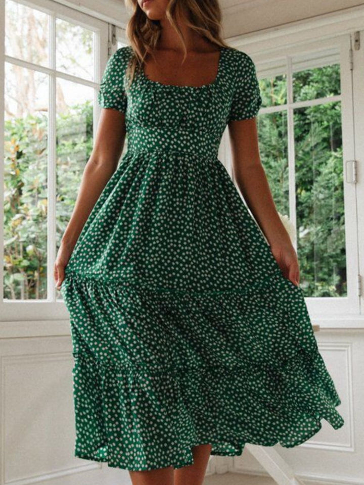 Printed Square Neck Short Sleeve Midi Dress for Women - gallery
