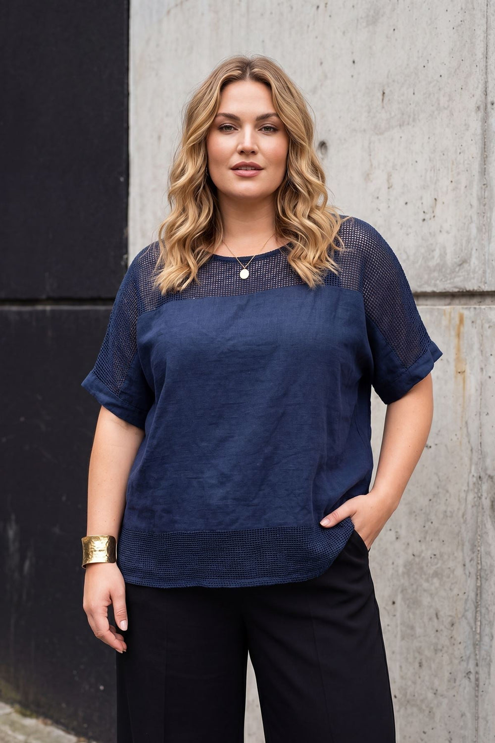 Textured Mesh Panel Tunic Cotton Top — Navy Blue