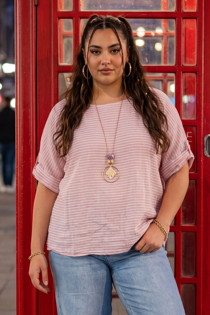 Stripe Print Oversized Tunic Cotton Top for Women - Baby Pink