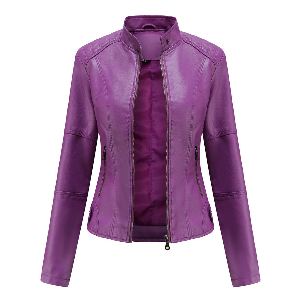 Collarless Biker Jacket in Genuine Leather for Women