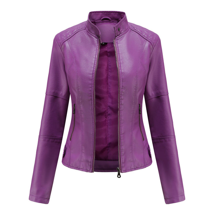 Collarless Biker Jacket in Genuine Leather for Women