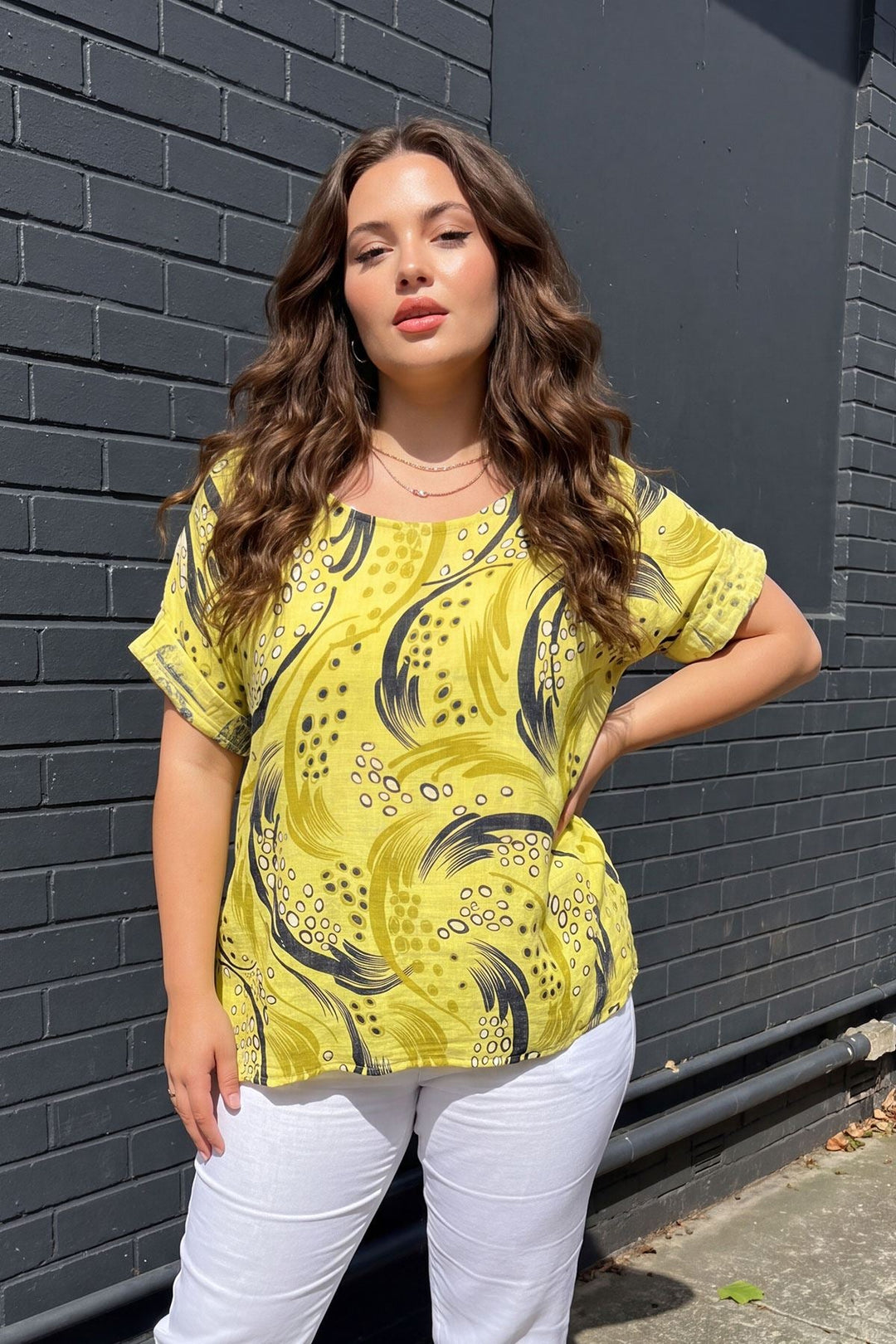 Abstract Print Oversized Tunic Cotton Top for Women - Lemon