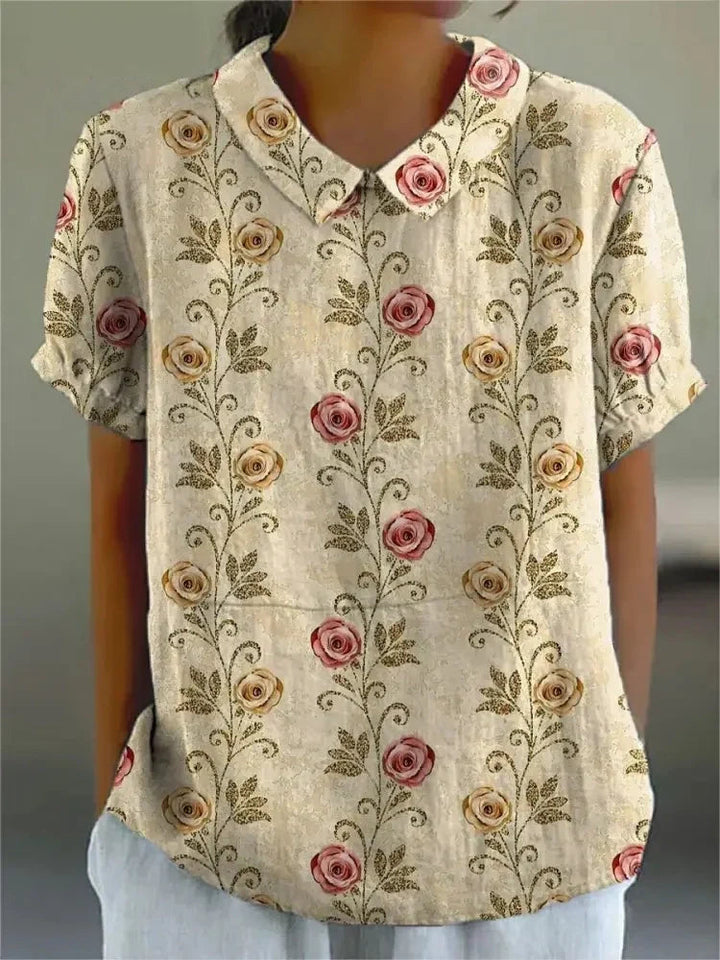 Short-Sleeve Floral Print Cotton Blouse for Women