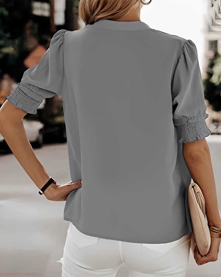 V-Neck Puff Sleeve Chiffon Blouse - Loose Fit