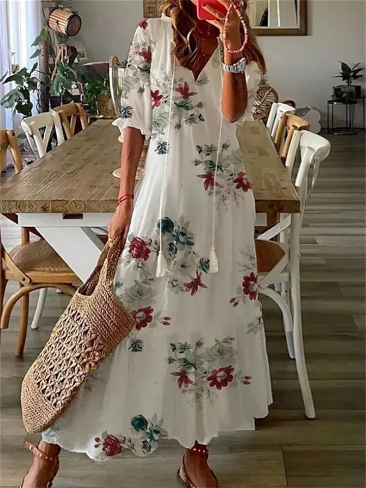 Floral V-Neck Maxi Dress with a Fluid Skirt for Women