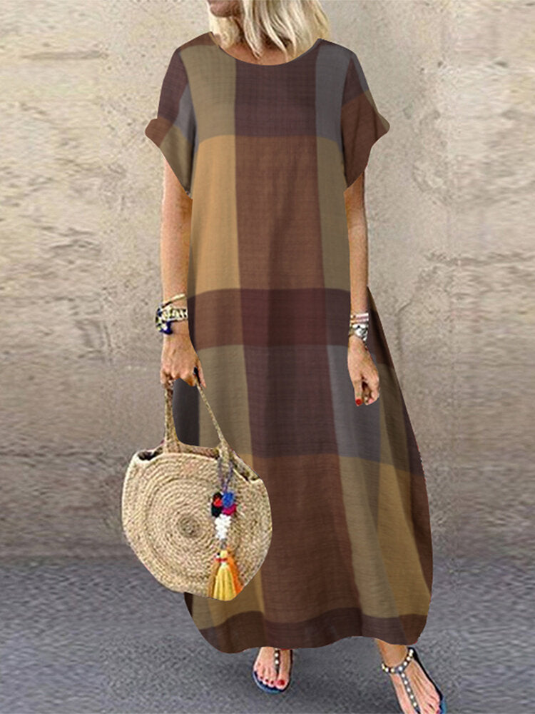 Plaid Short Sleeve Crew Neck Pocket Baggy Vintage Long Maxi Dress for Women - gallery