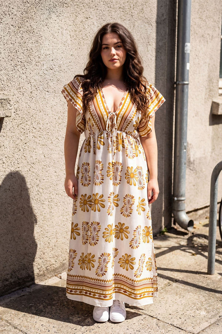 Geometric Floral Empire Waist Cotton Dress for Women - Mustard Yellow