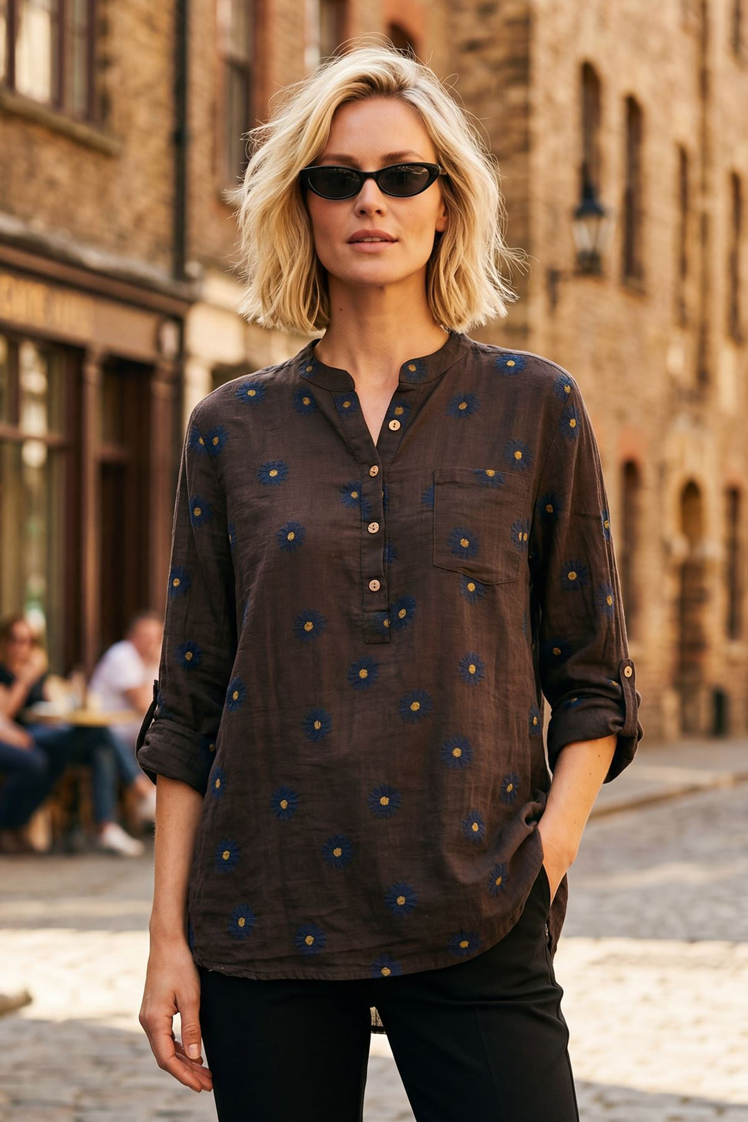 Daisy Flower Print Tunic Cotton Top — Brown