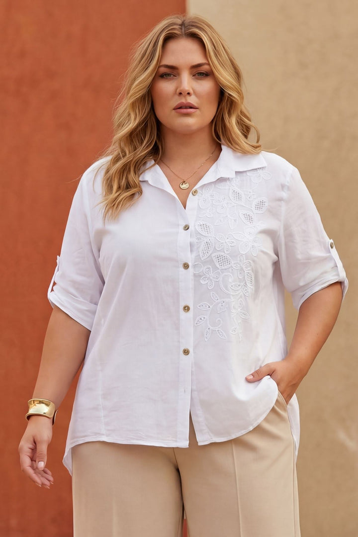 Floral Embroidered Button-Up Top — White