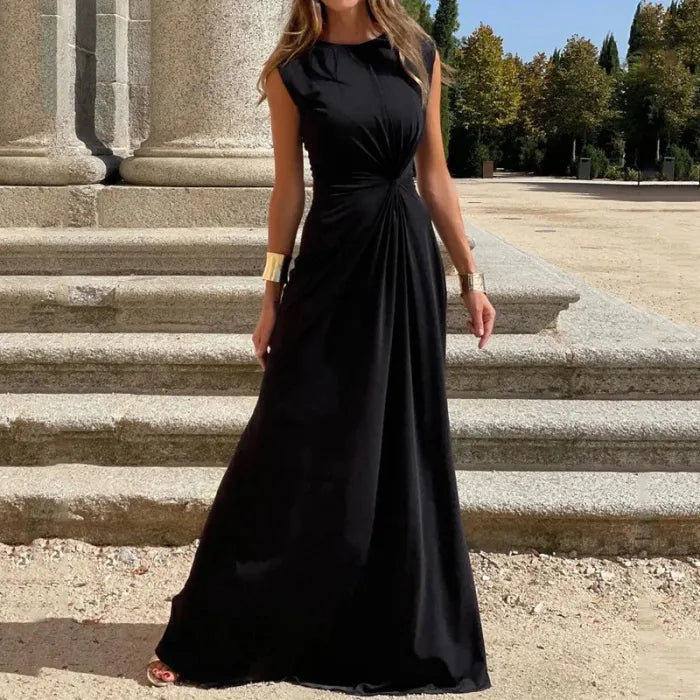 Long Sleeve V-Neck Maxi Dress - Solid Colour Evening Wear