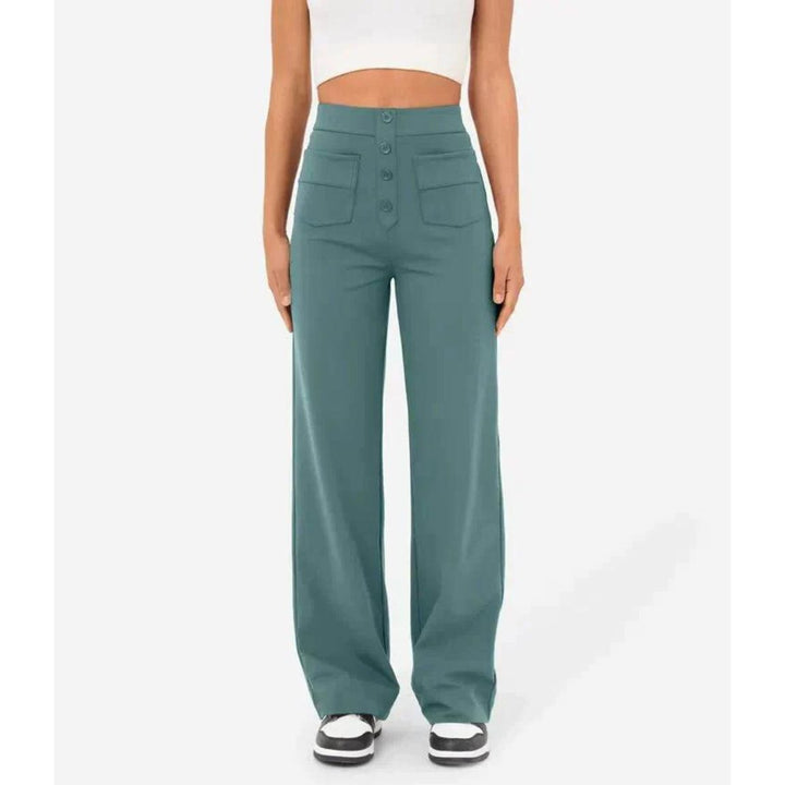 High-Waisted Stretch Trousers with Straight Leg and Side Pockets