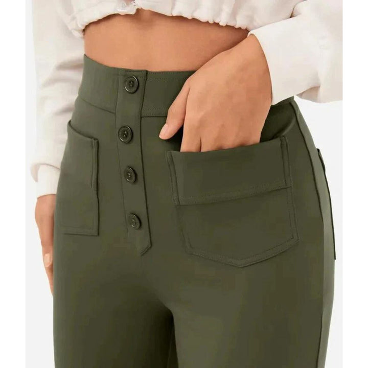High-Waisted Stretch Trousers with Straight Leg and Side Pockets