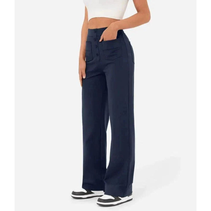 High-Waisted Stretch Trousers with Straight Leg and Side Pockets