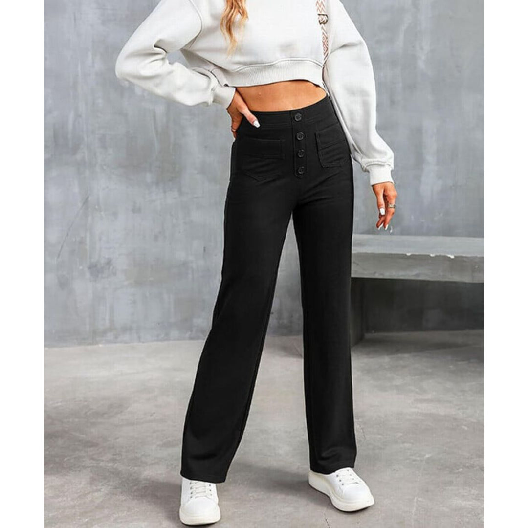 High-Waisted Stretch Trousers with Straight Leg and Side Pockets