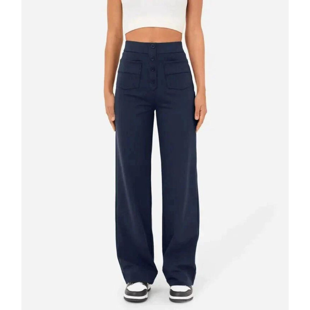 High-Waisted Stretch Trousers with Straight Leg and Side Pockets