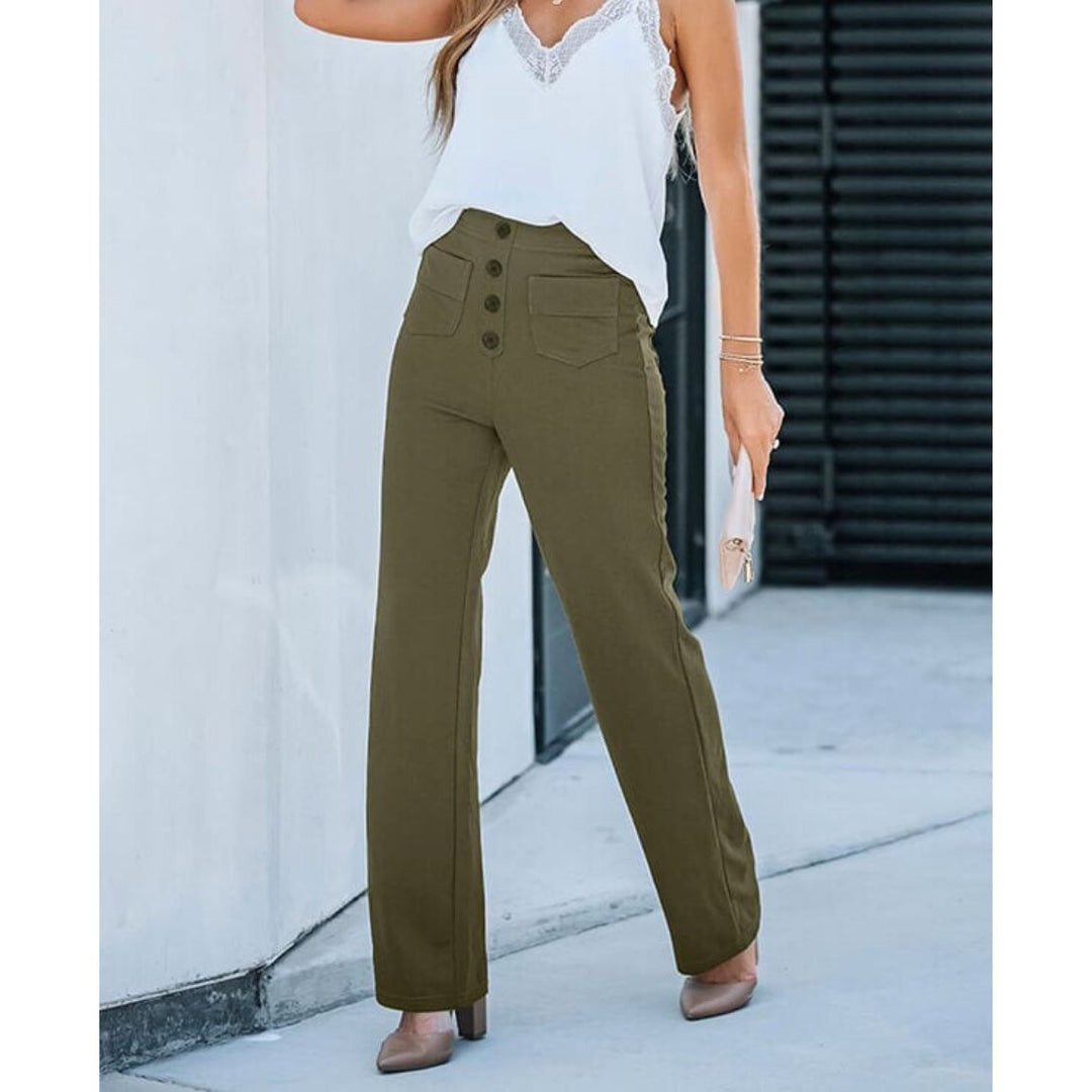 High-Waisted Stretch Trousers with Straight Leg and Side Pockets