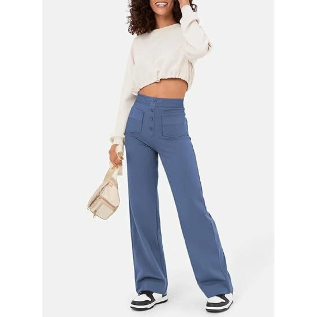 High-Waisted Stretch Trousers with Straight Leg and Side Pockets