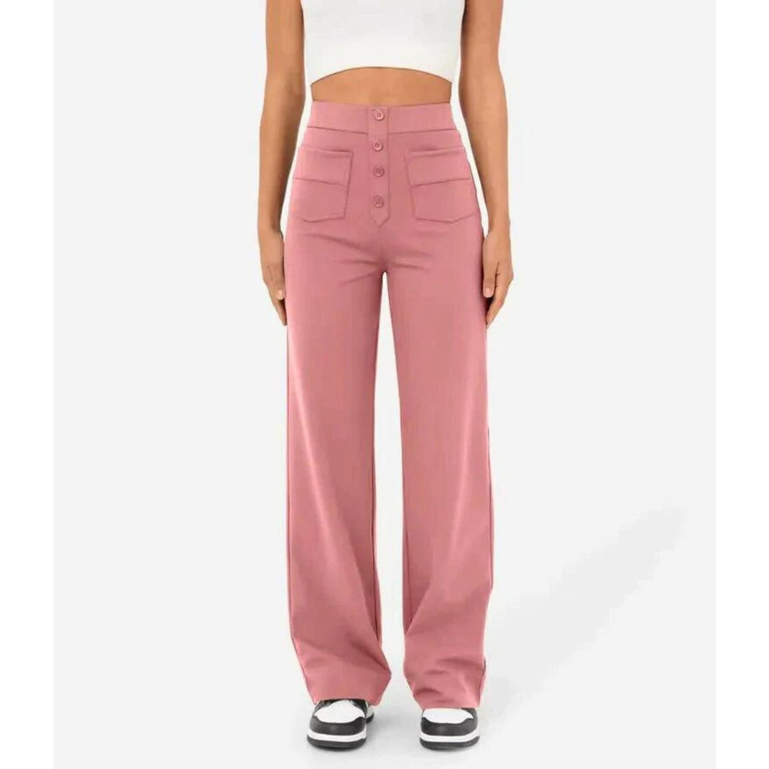 High-Waisted Stretch Trousers with Straight Leg and Side Pockets