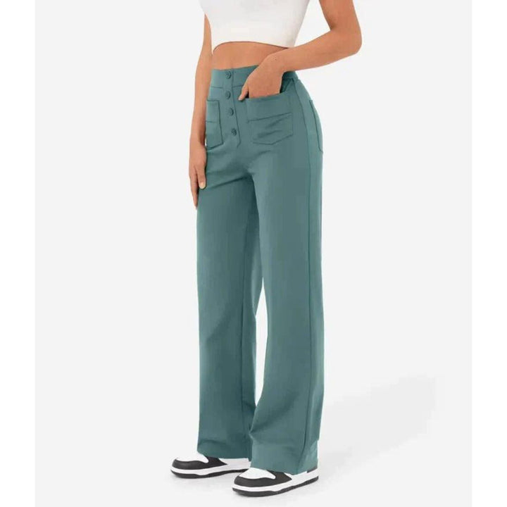 High-Waisted Stretch Trousers with Straight Leg and Side Pockets