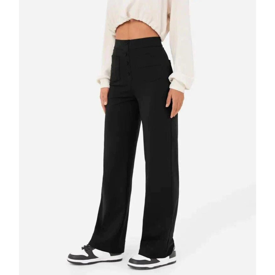High-Waisted Stretch Trousers with Straight Leg and Side Pockets