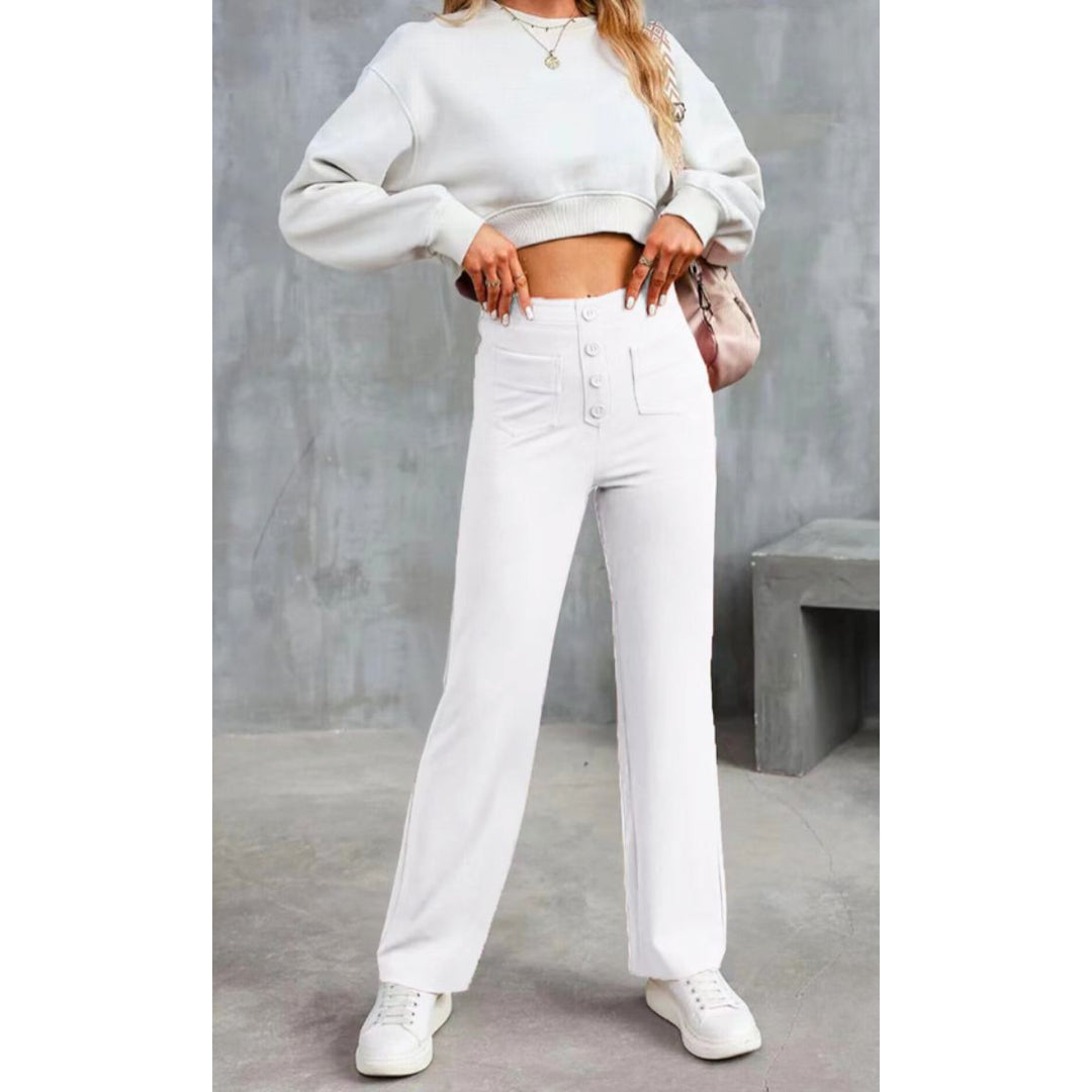 High-Waisted Stretch Trousers with Straight Leg and Side Pockets