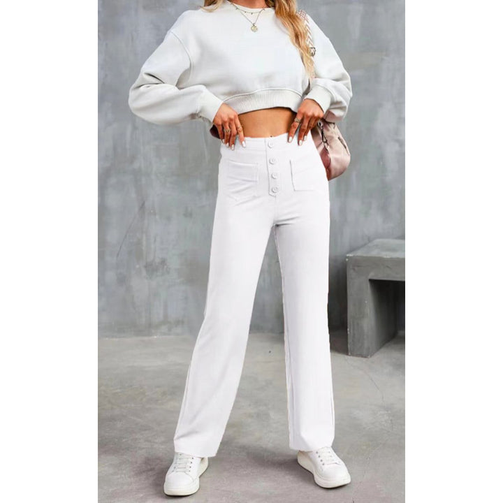 High-Waisted Stretch Trousers with Straight Leg and Side Pockets