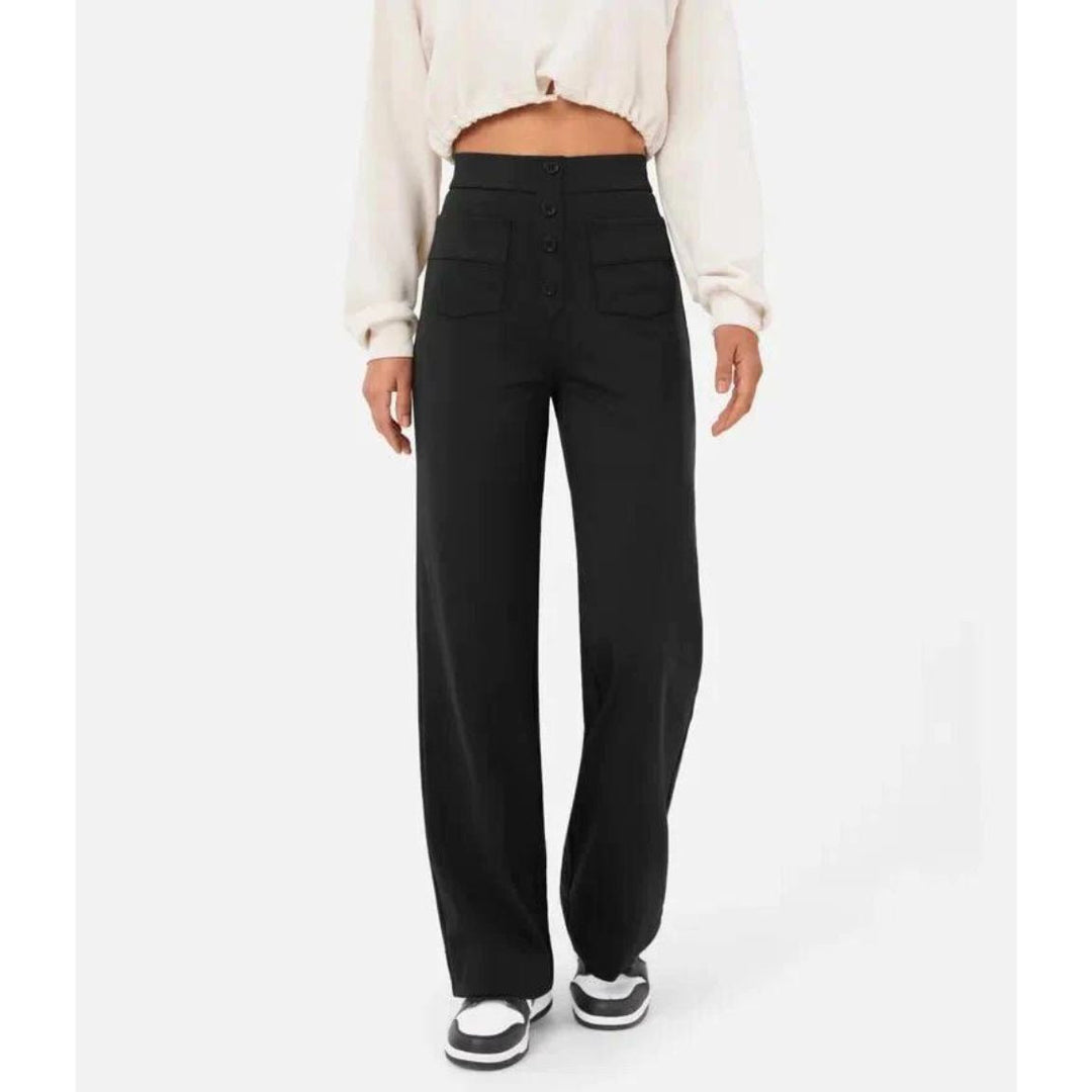 High-Waisted Stretch Trousers with Straight Leg and Side Pockets