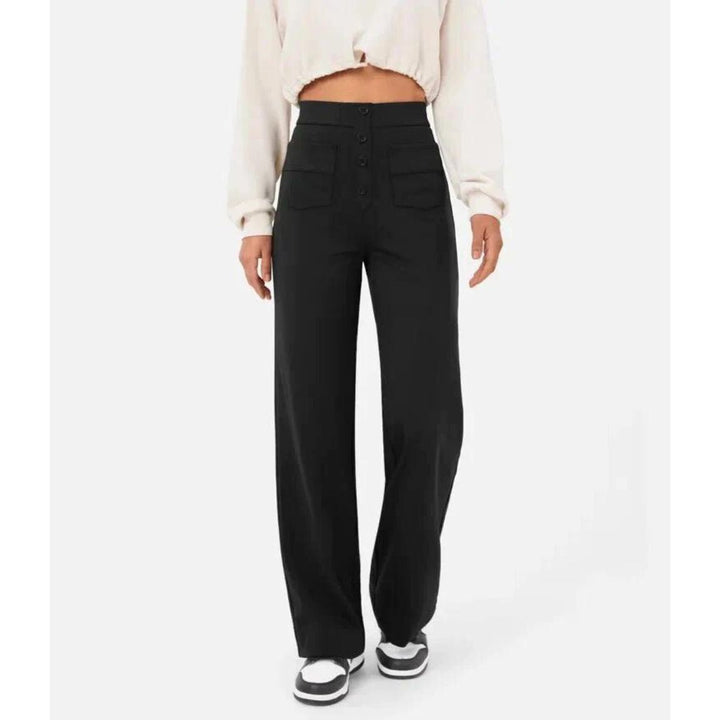 High-Waisted Stretch Trousers with Straight Leg and Side Pockets