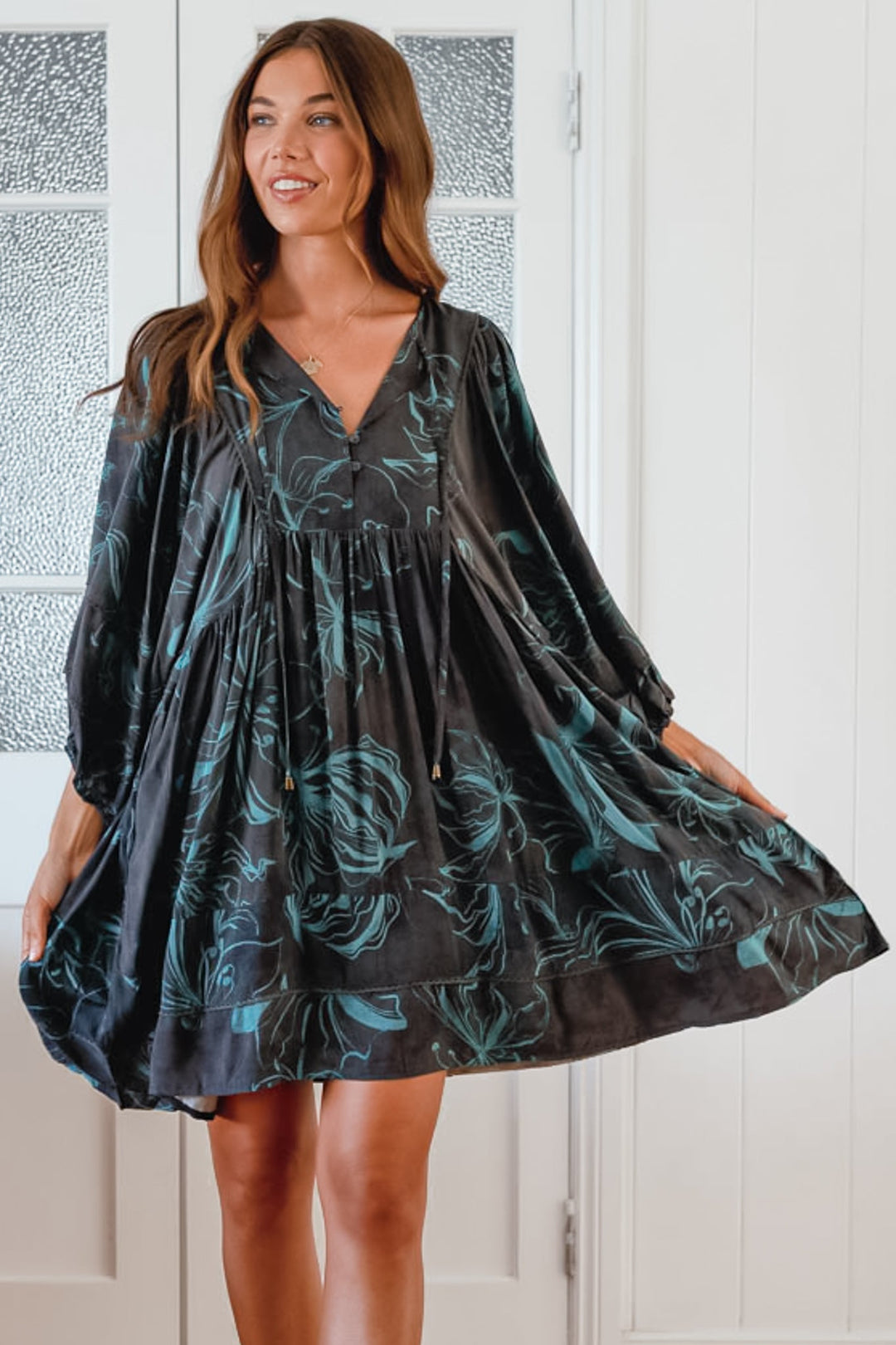 JAASE - Adela Mini Dress: Oversized Smock Dress with Batwing Sleeves in...