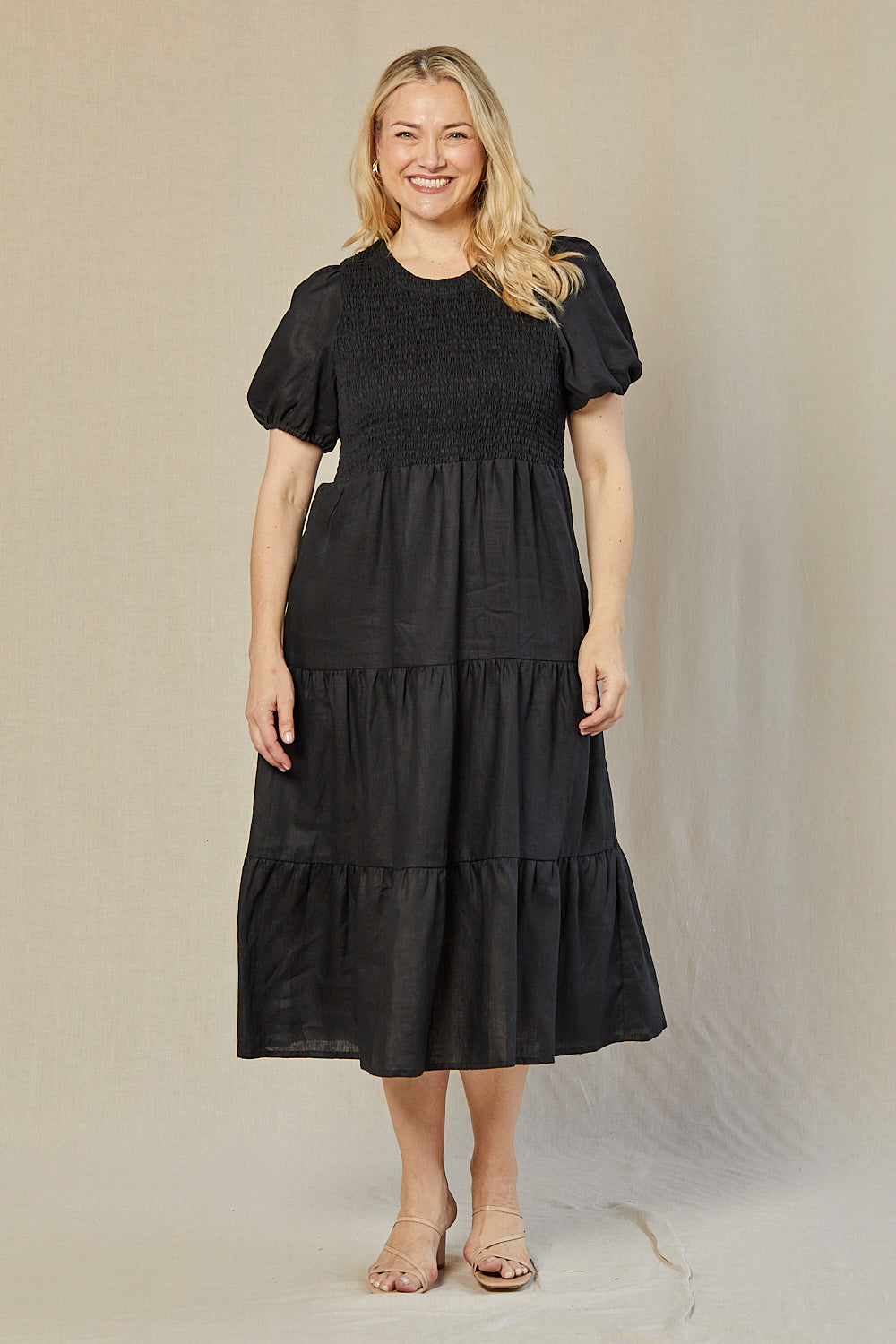 Minden Linen Shirred Short Sleeve Dress in Black — gallery