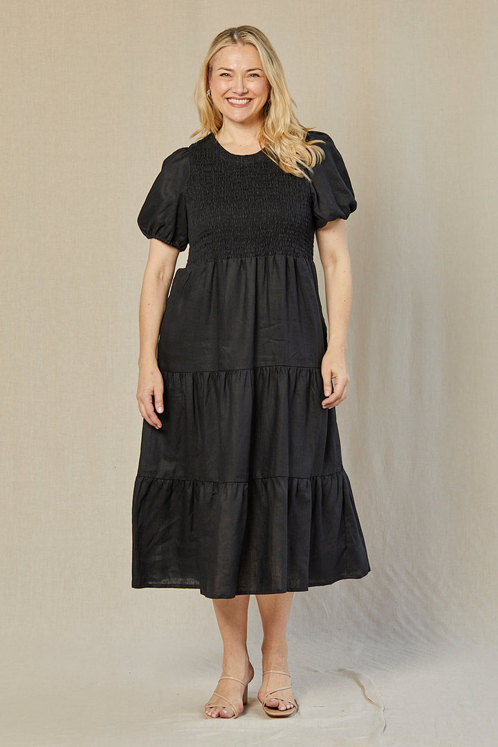 Minden Linen Shirred Short Sleeve Dress in Black — gallery