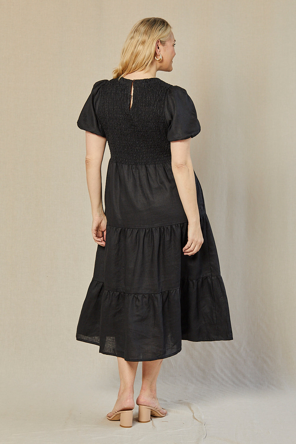 Minden Linen Shirred Short Sleeve Dress in Black — gallery