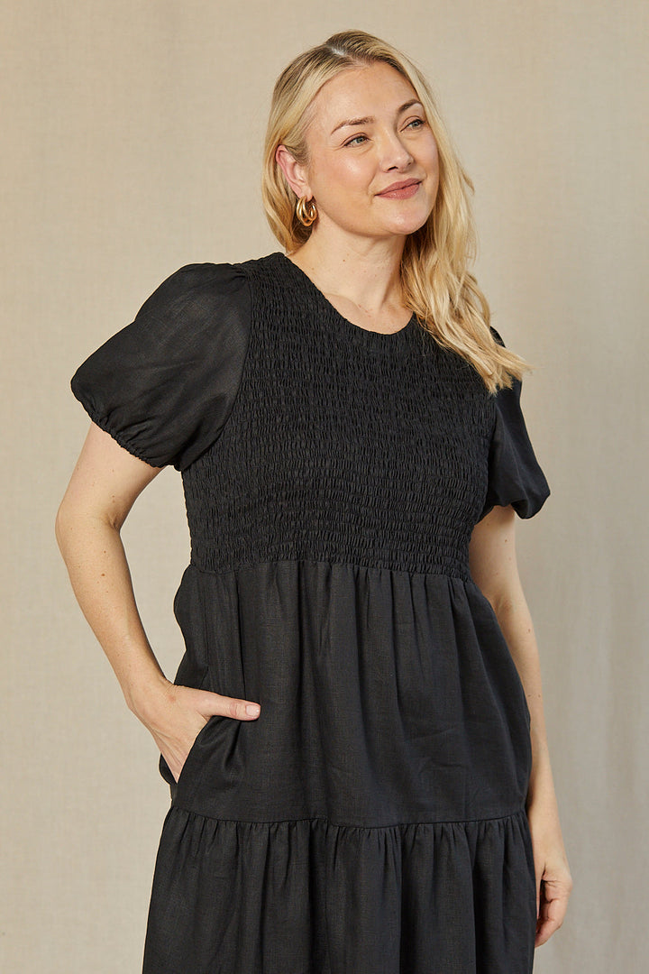 Minden Linen Shirred Short Sleeve Dress in Black — gallery