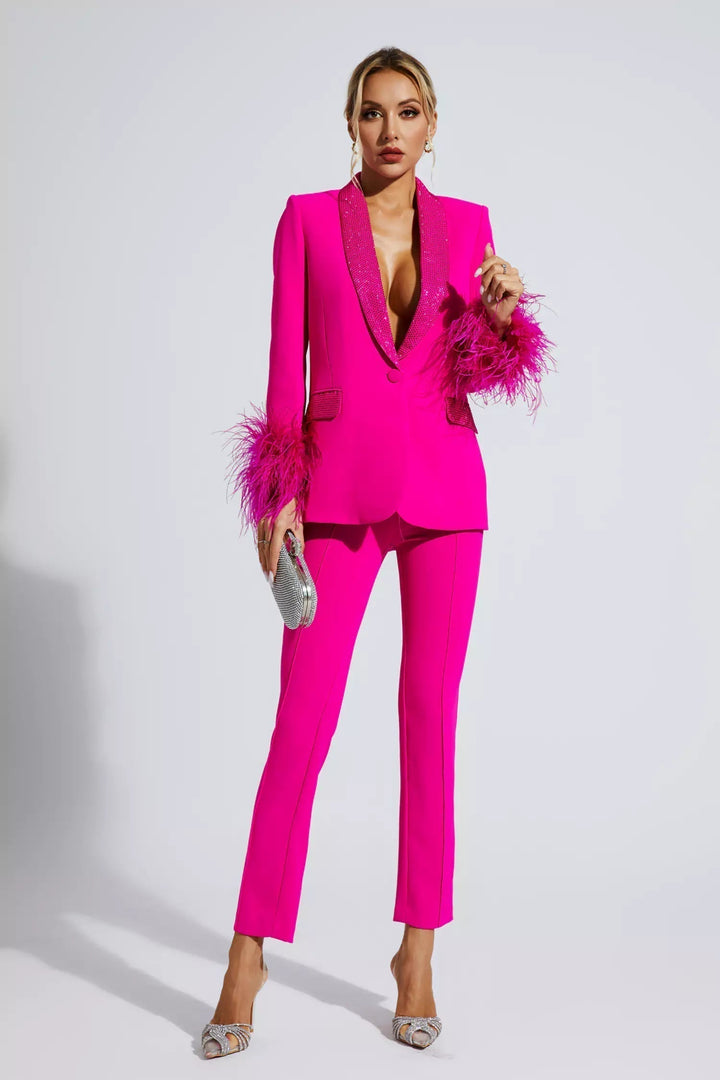 Diamond-Embellished Feather-Trim Blazer and Trouser Set