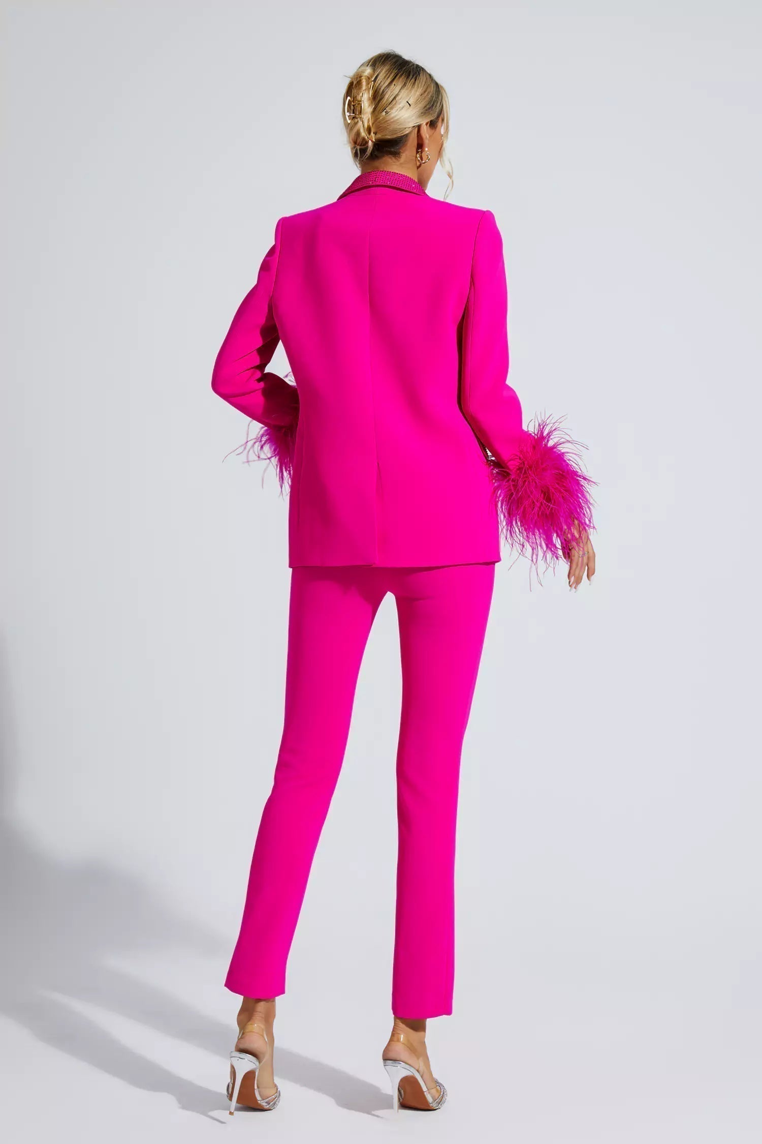 Feather-Trimmed Blazer Set Adorned with Diamonds