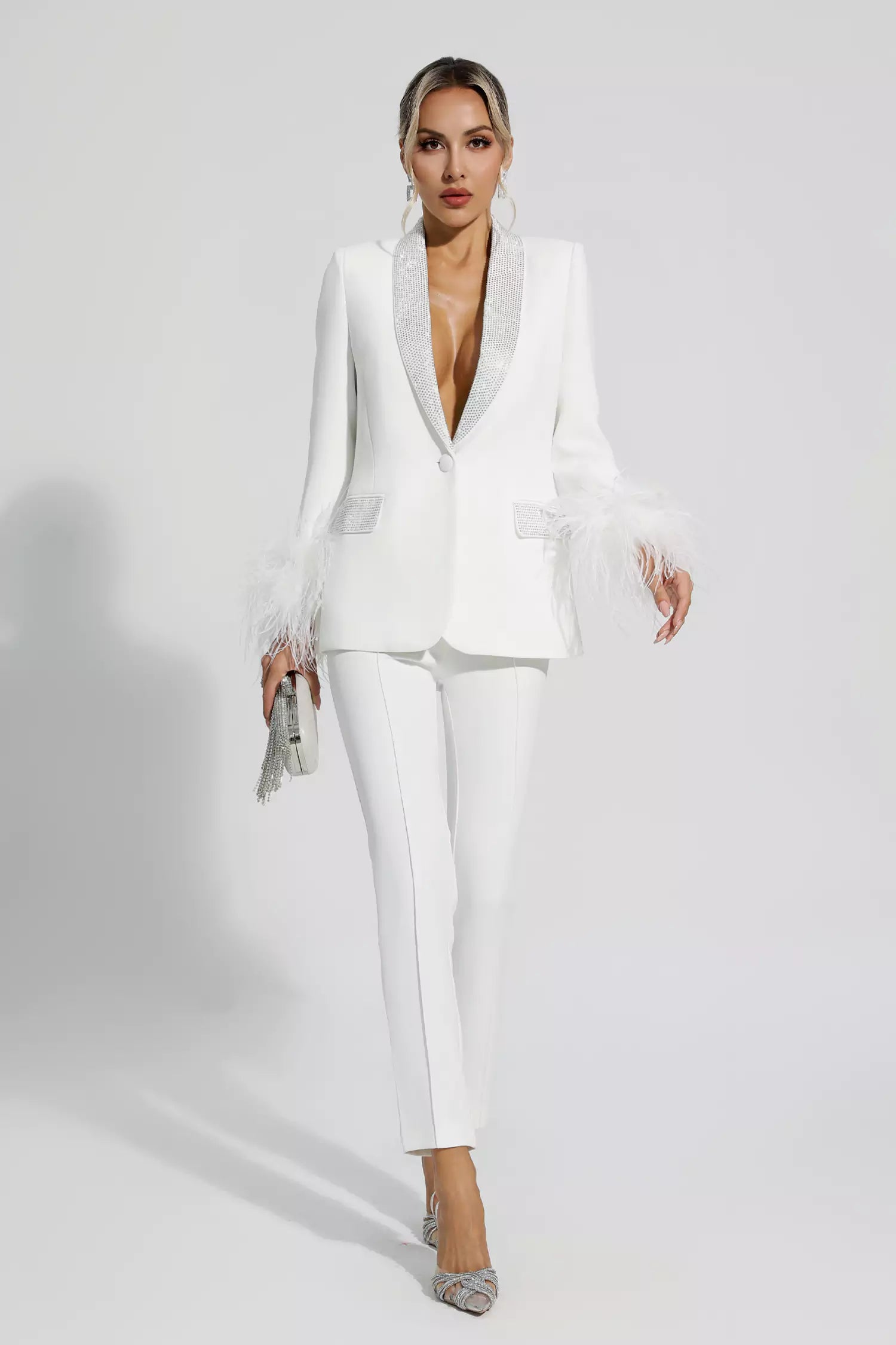 Feather-Trimmed Blazer Set Adorned with Diamonds