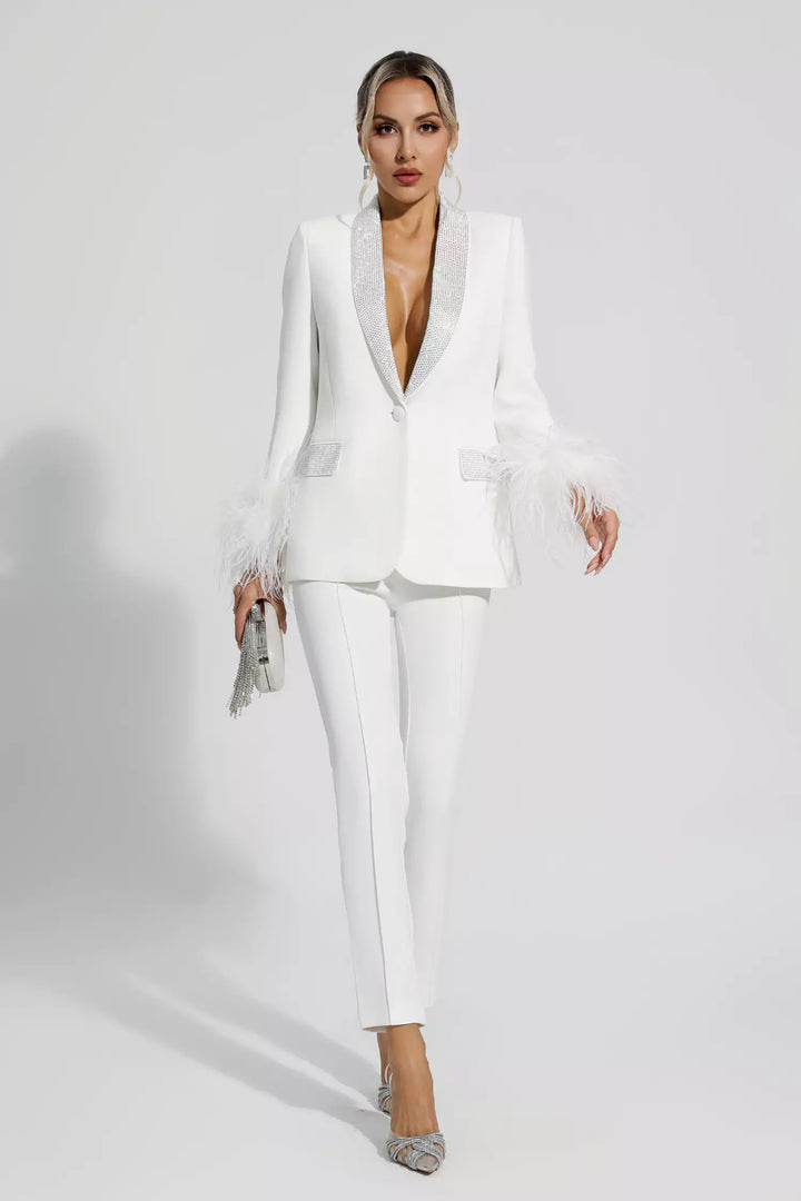 Diamond-Embellished Feather-Trim Blazer and Trouser Set