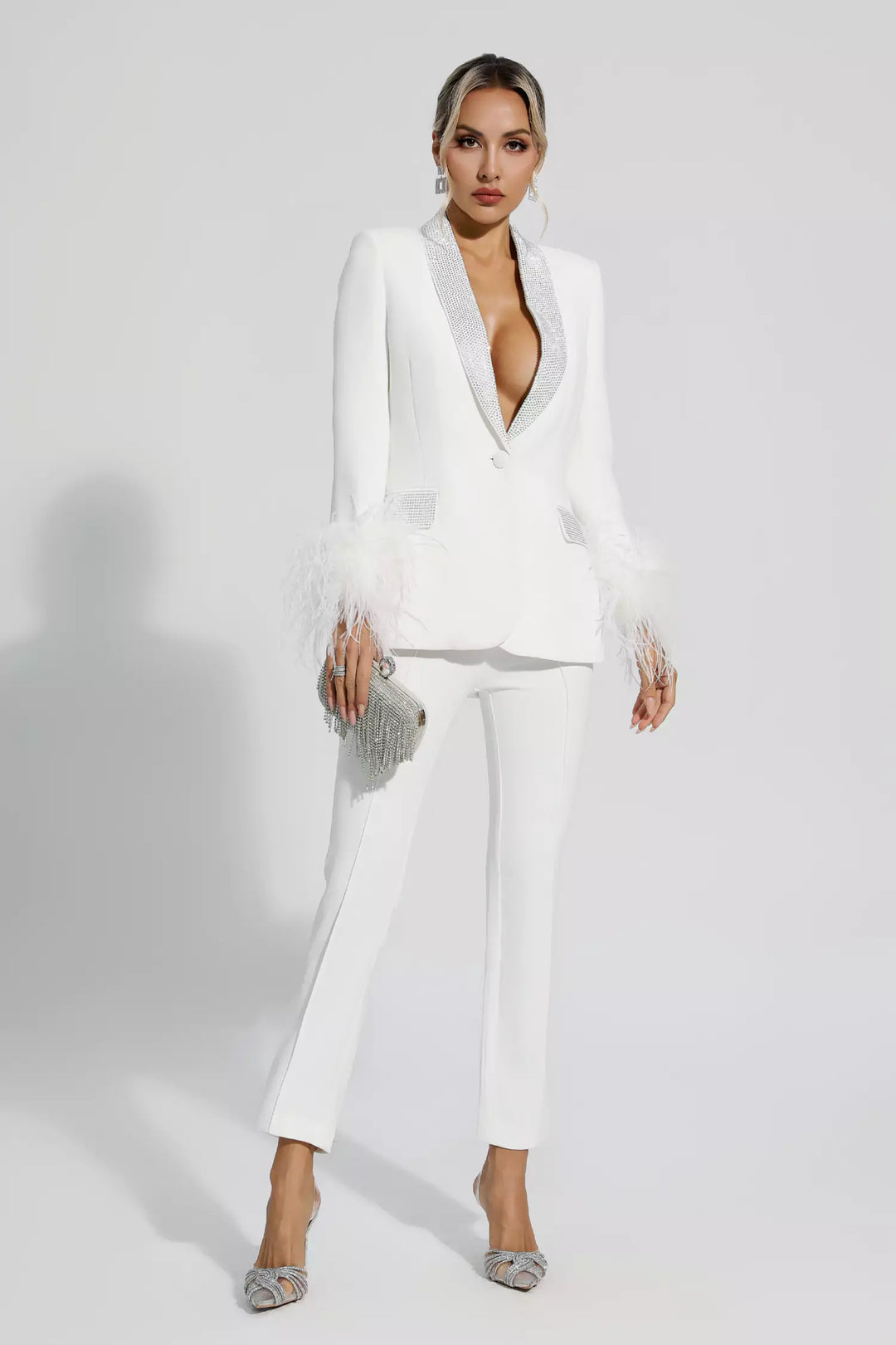 Diamond-Embellished Feather-Trim Blazer and Trouser Set