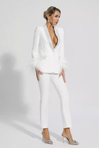 Feather-Trimmed Blazer Set Adorned with Diamonds