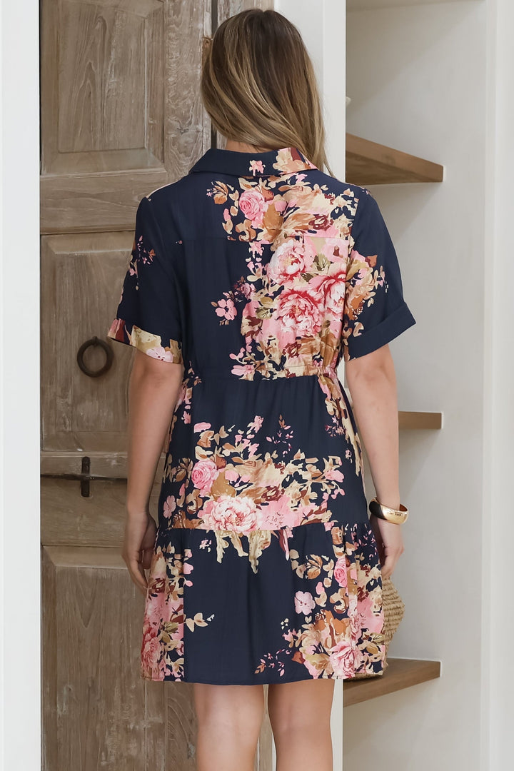 Apryl Mini Dress - Collared Short Sleeve Dress with Pull Tie Waist in Ve... — gallery